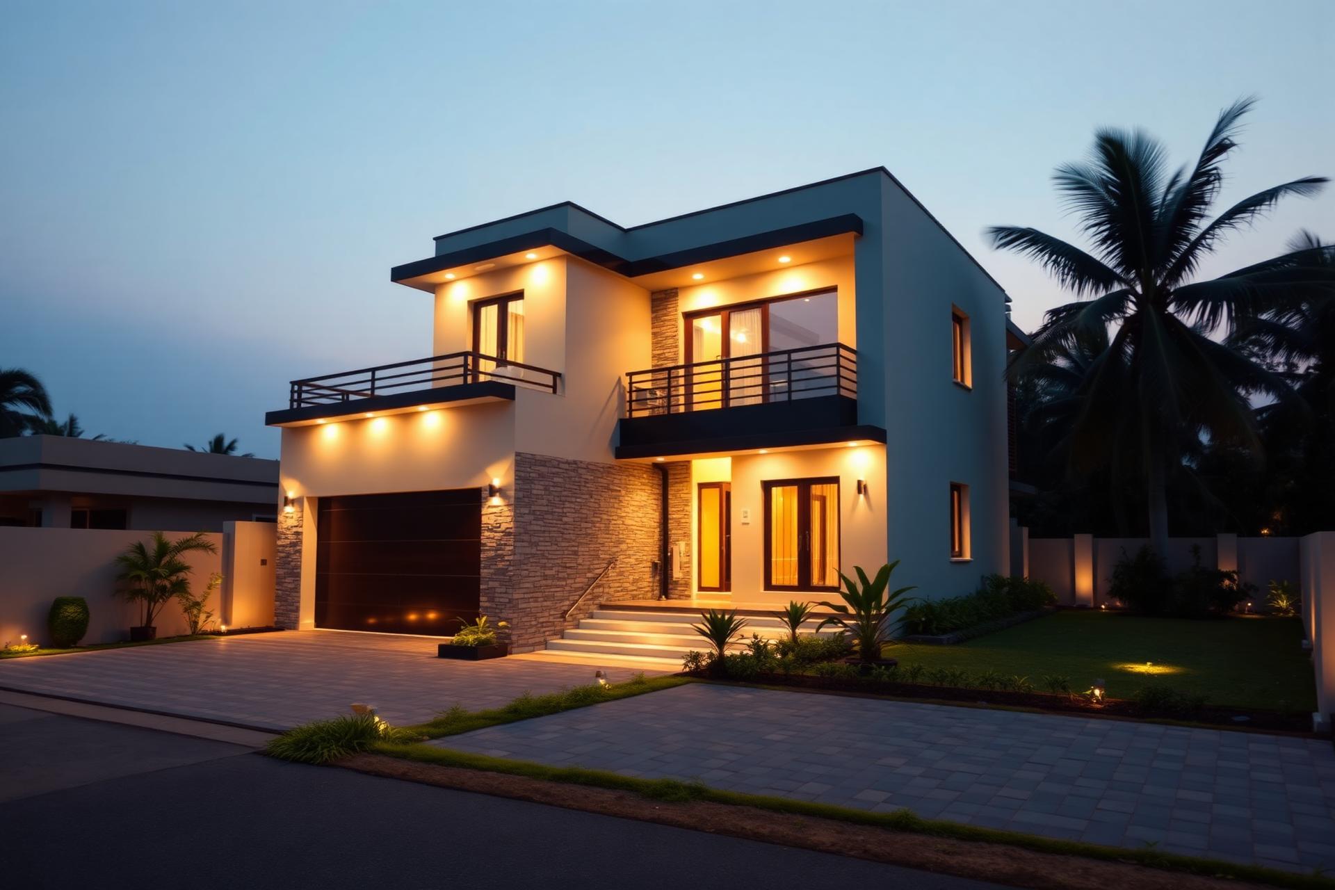 Modern Indian kothi at twilight